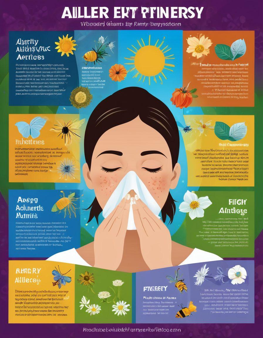 An infographic-style image illustrating various allergy symptoms such as sneezing, itchy eyes, and a runny nose, accompanied by vivid representations of common allergens like pollen and dust mites. Include visual remedies such as antihistamines, tissues, and natural remedies like honey and apple cider vinegar. The background should be bright and cheerful, emphasizing a healthy lifestyle. Use vibrant colors and a clear layout for easy readability. vector art. vibrant colors.