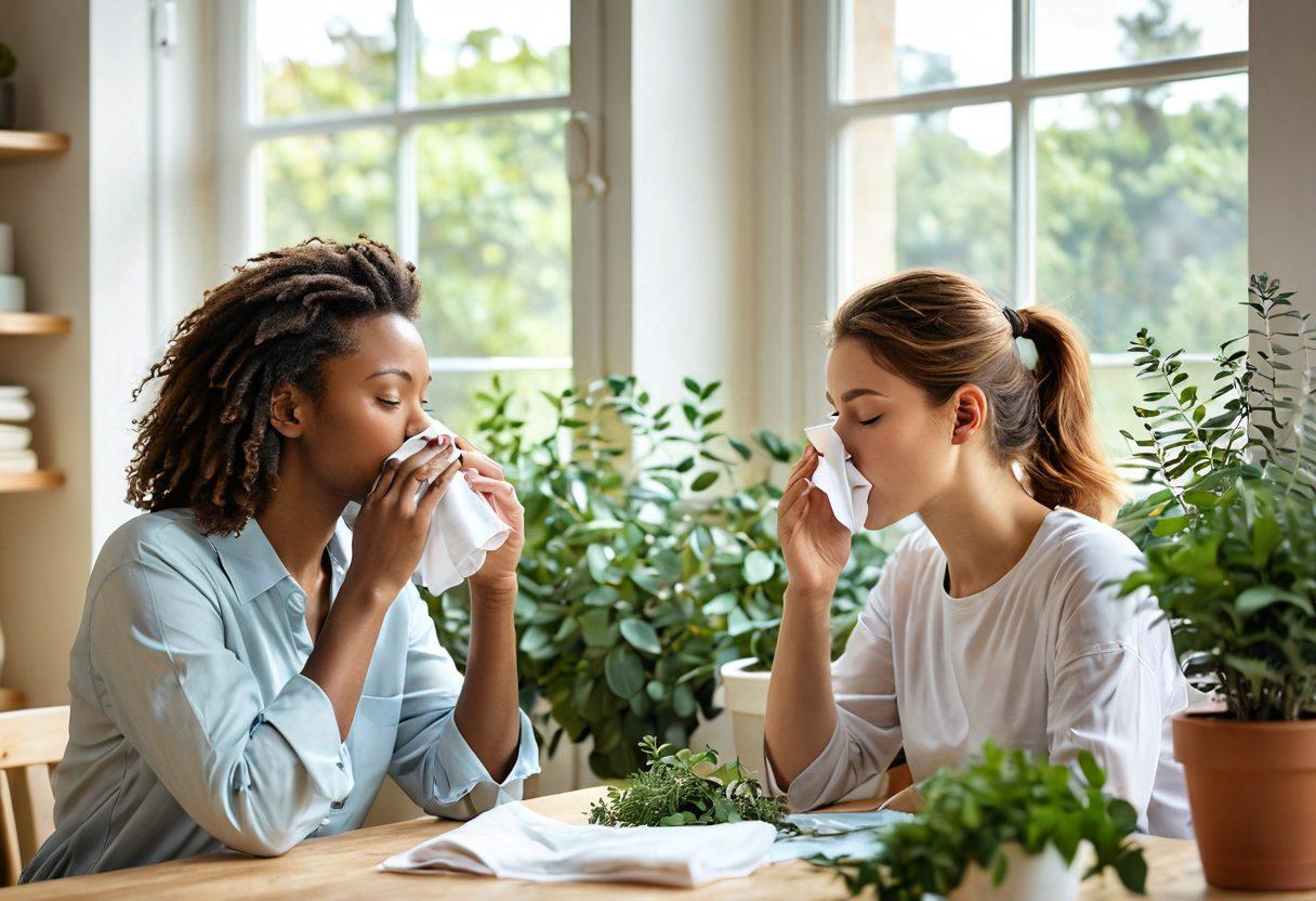 A person elegantly sneezing into a stylish tissue, surrounded by various soothing herbs and respiratory health aids like eucalyptus, ginger, and peppermint. In the background, soft, calming colors depict an airy environment symbolizing fresh air and health. Illustrate vibrant health icons like lungs and airways to emphasize respiratory well-being. Warm sunlight filters through a window, enhancing the serene atmosphere. super-realistic. vibrant colors. calming backdrop.